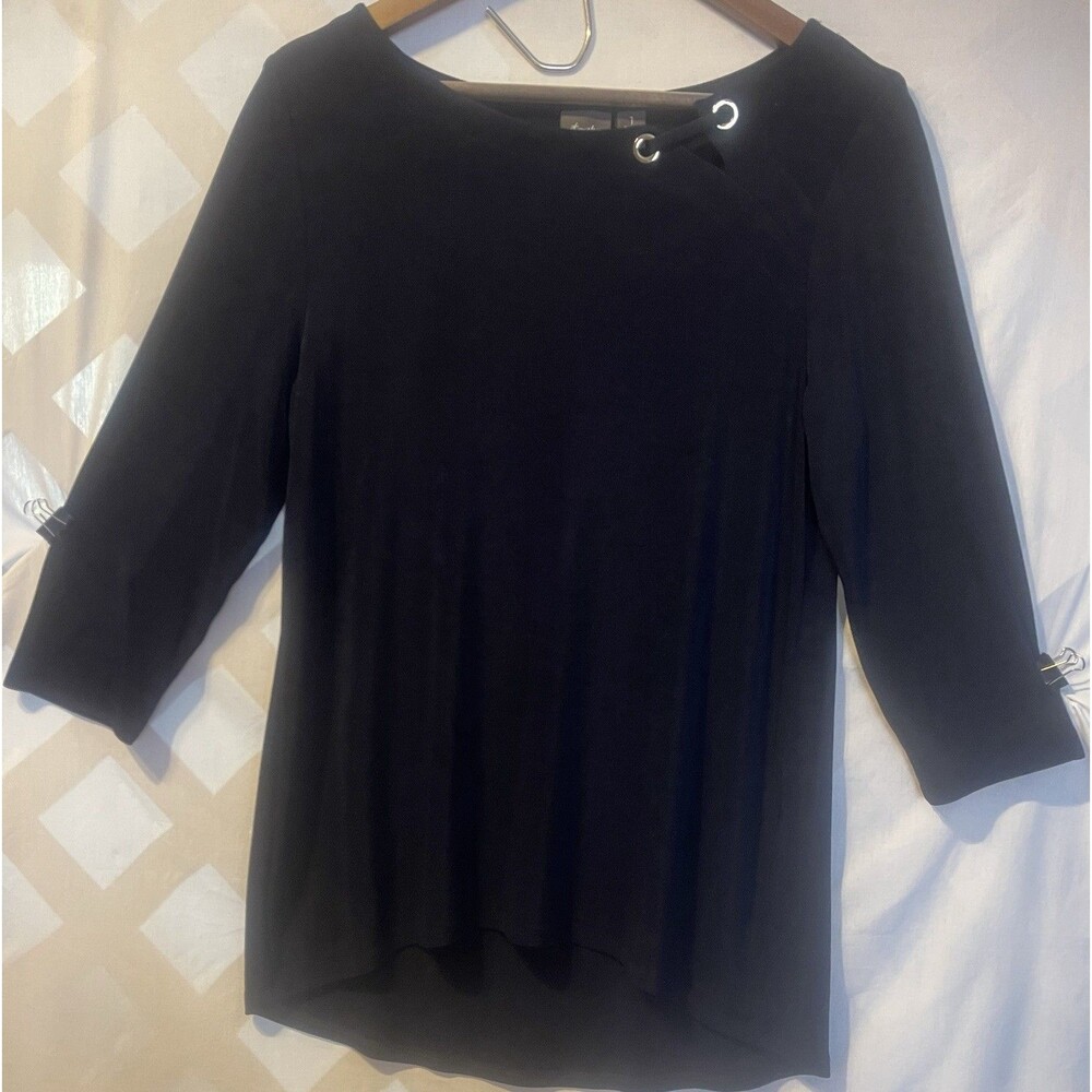 Chico's Travelers Slinky Knit Blue Grommet Detail Top Size 1 Medium